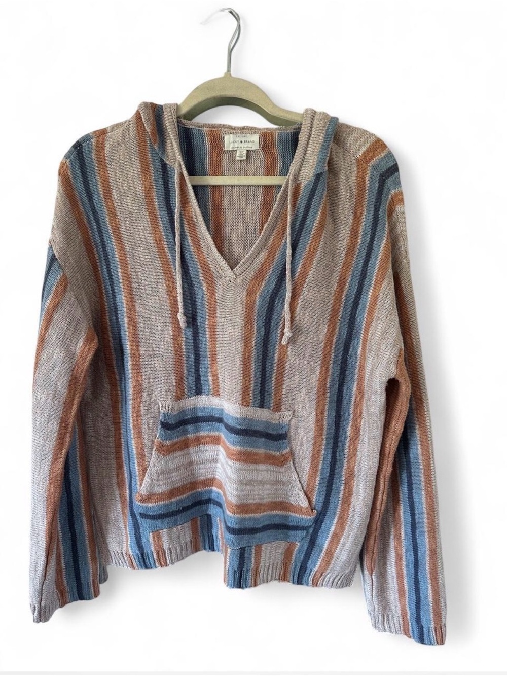 Striped Hooded Baja Pullover Sweater in Rust, Blue & Cream
